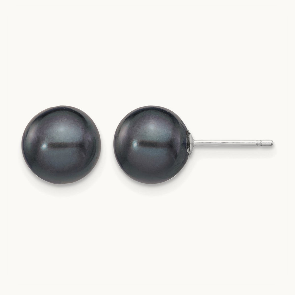 8- Black Round FW Cultured Pearl Stud Post Earrings, 9mm, 14K White Gold