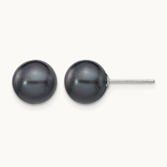 8- Black Round FW Cultured Pearl Stud Post Earrings, 9mm, 14K White Gold
