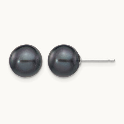8- Black Round FW Cultured Pearl Stud Post Earrings, 9mm, 14K White Gold