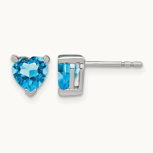 Heart Blue Topaz Earrings, 14K White Gold