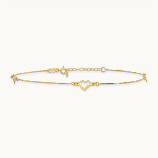 Diamond-cut Heart 9in Plus 1in ext Anklet, 14K