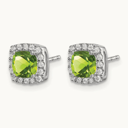 Cushion Peridot and Diamond Halo Earrings — 7.8mm