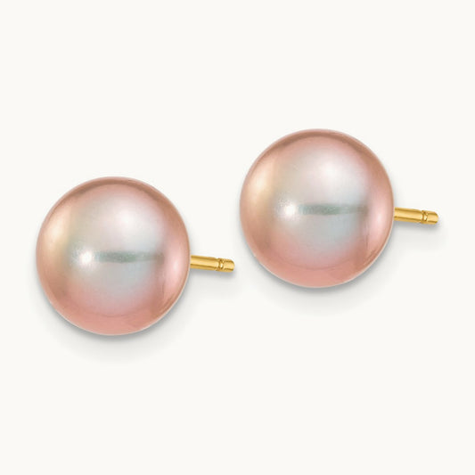 7- Purple Button Freshwater Cultured Pearl Stud Post Earrings, 8mm, 14K
