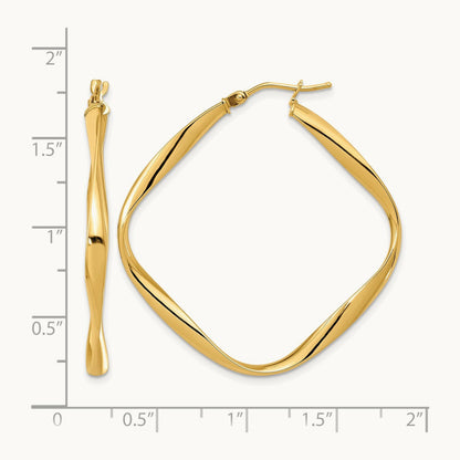 Polished Twisted Square Hoop Earrings — 14K Yellow Gold