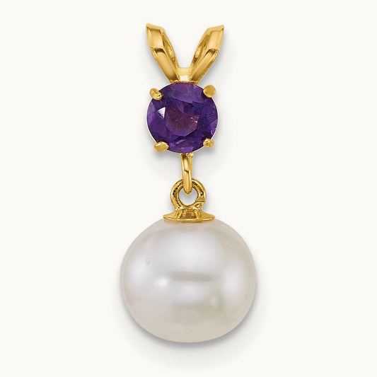 7- Round White FWC Pearl and Amethyst Pendant, 8mm, 14K