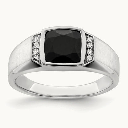 Onyx and Diamond Mens Ring, 14K White Gold