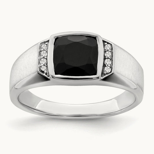 Onyx and Diamond Mens Ring, 14K White Gold