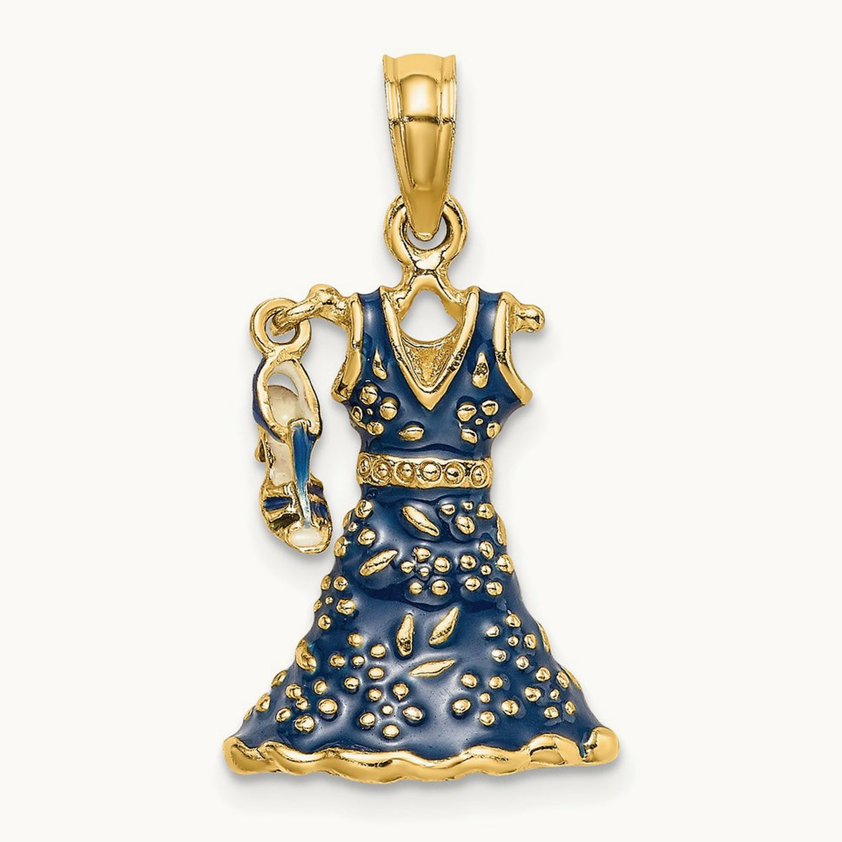 3-D Moveable Enamel Blue Floral Dress w/ Shoe Charm, 14K