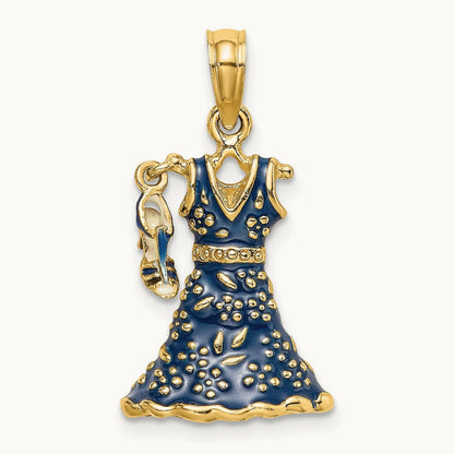 3-D Moveable Enamel Blue Floral Dress w/ Shoe Charm, 14K