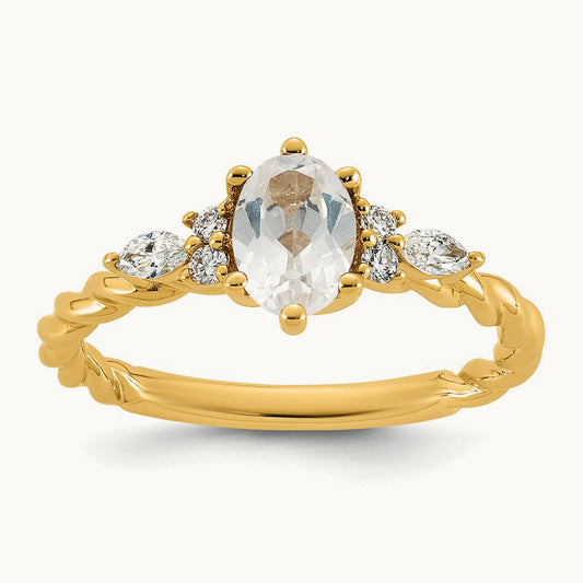 Polished Diamond and White Topaz Twisted Ring, 14K