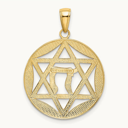 w/Rhodium Polished Star of David w/Chai Round Pendant, 14K