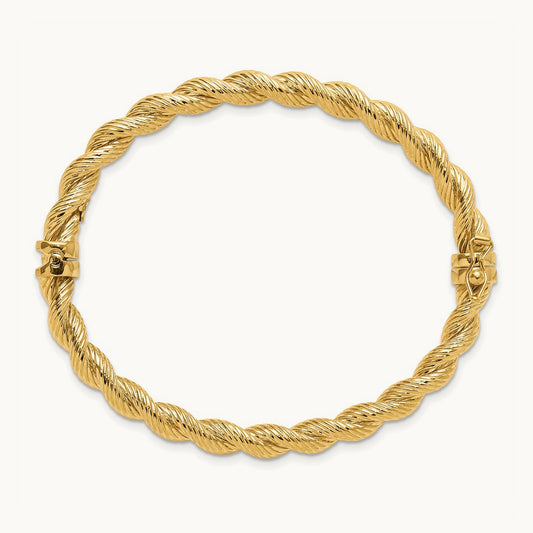 Polished and Textured Twisted Hinged Bangle, 14K