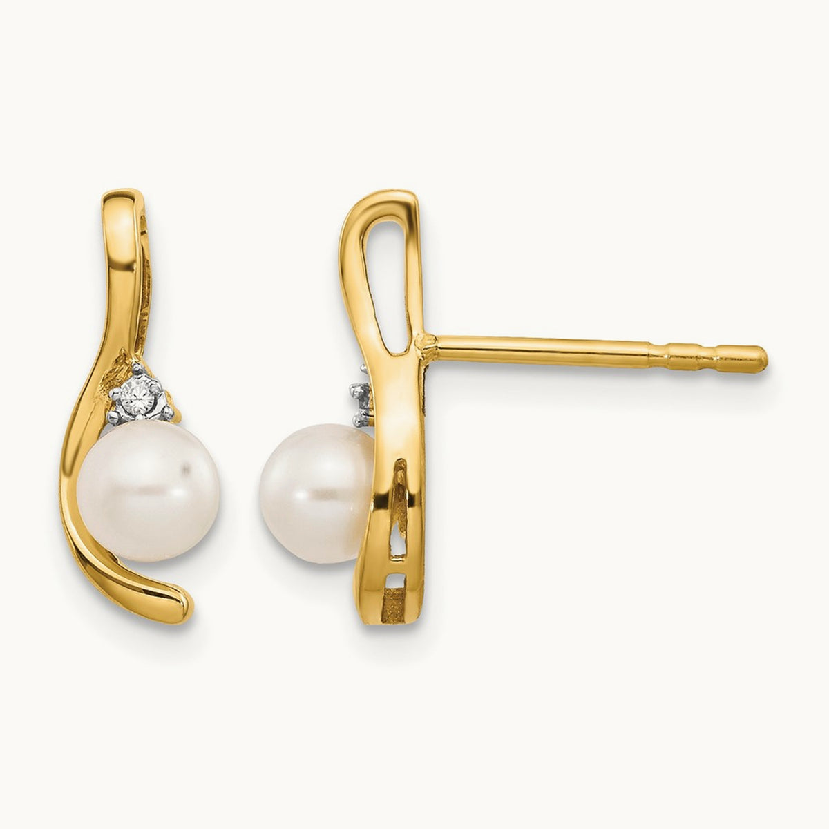 Freshwater Cultured Pearl and Diamond Post Earrings — 14K Yellow Gold, 14mm