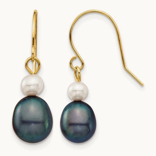 4- White/Black Round/Rice FW Culutured Pearl Dangle Earrings, 7mm, 14K