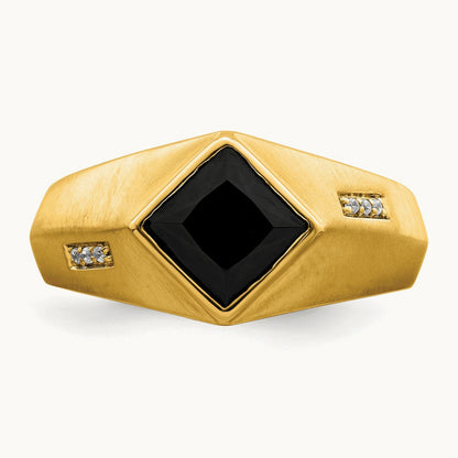 Onyx and Diamond Satin Men's Ring — 14K Yellow Gold