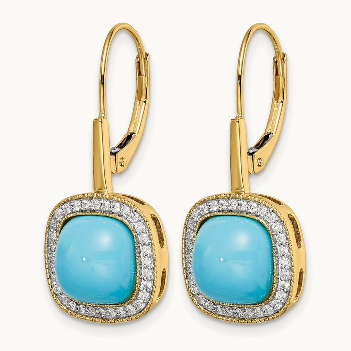 Turquoise and Diamond Leverback Earrings — 14K Yellow Gold