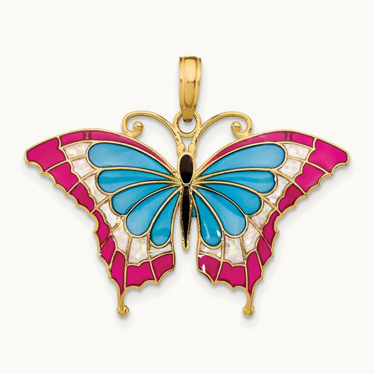 Blue and Red Enameled Butterfly Pendant, 14K