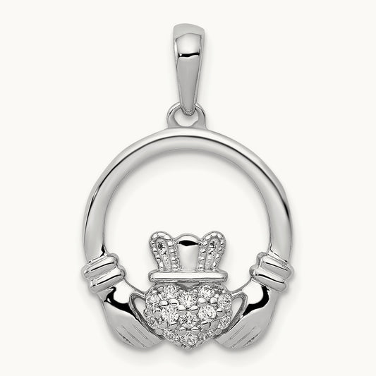 Diamond Claddagh Circle Pendant, 14K White Gold