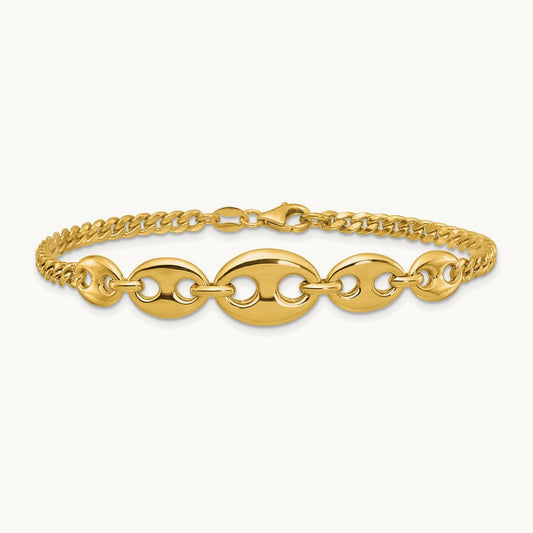 Polished Puffed Mariner and Curb Link 7inch Bracelet, 14K