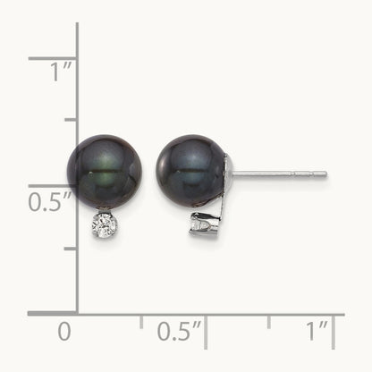 7- Round Black Akoya Pearl & .10ct Dia Post Earrings, 8mm, 14K White Gold