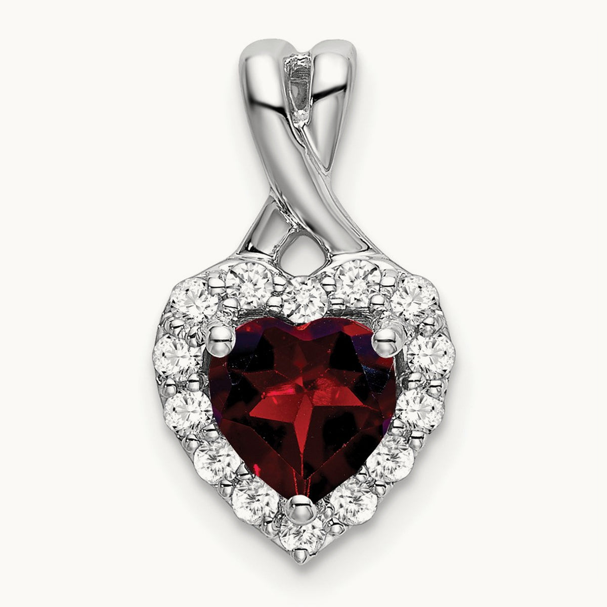 Garnet and Diamond Halo Heart Pendant, 14K White Gold