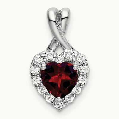 Garnet and Diamond Halo Heart Pendant, 14K White Gold