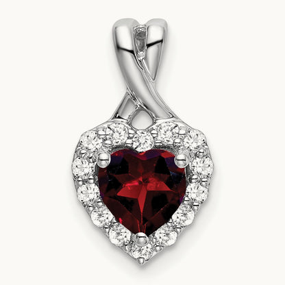 Garnet and Diamond Halo Heart Pendant, 14K White Gold