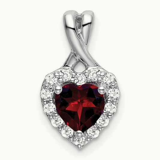 Garnet and Diamond Halo Heart Pendant, 14K White Gold