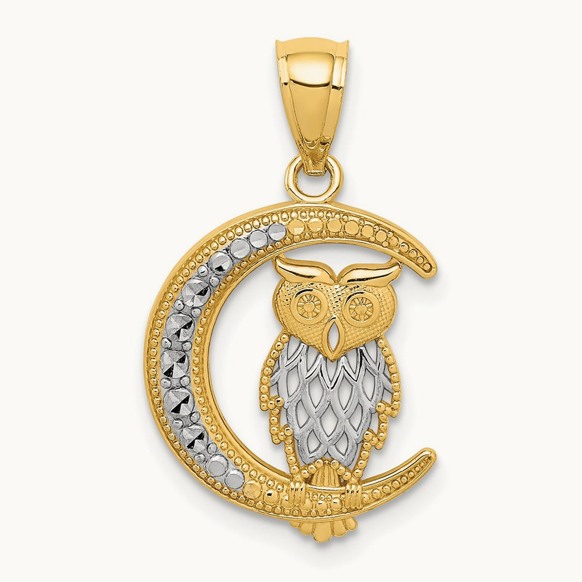 Rhodium D/C Owl on the Moon Pendant, 14K White