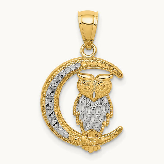 Rhodium D/C Owl on the Moon Pendant, 14K White
