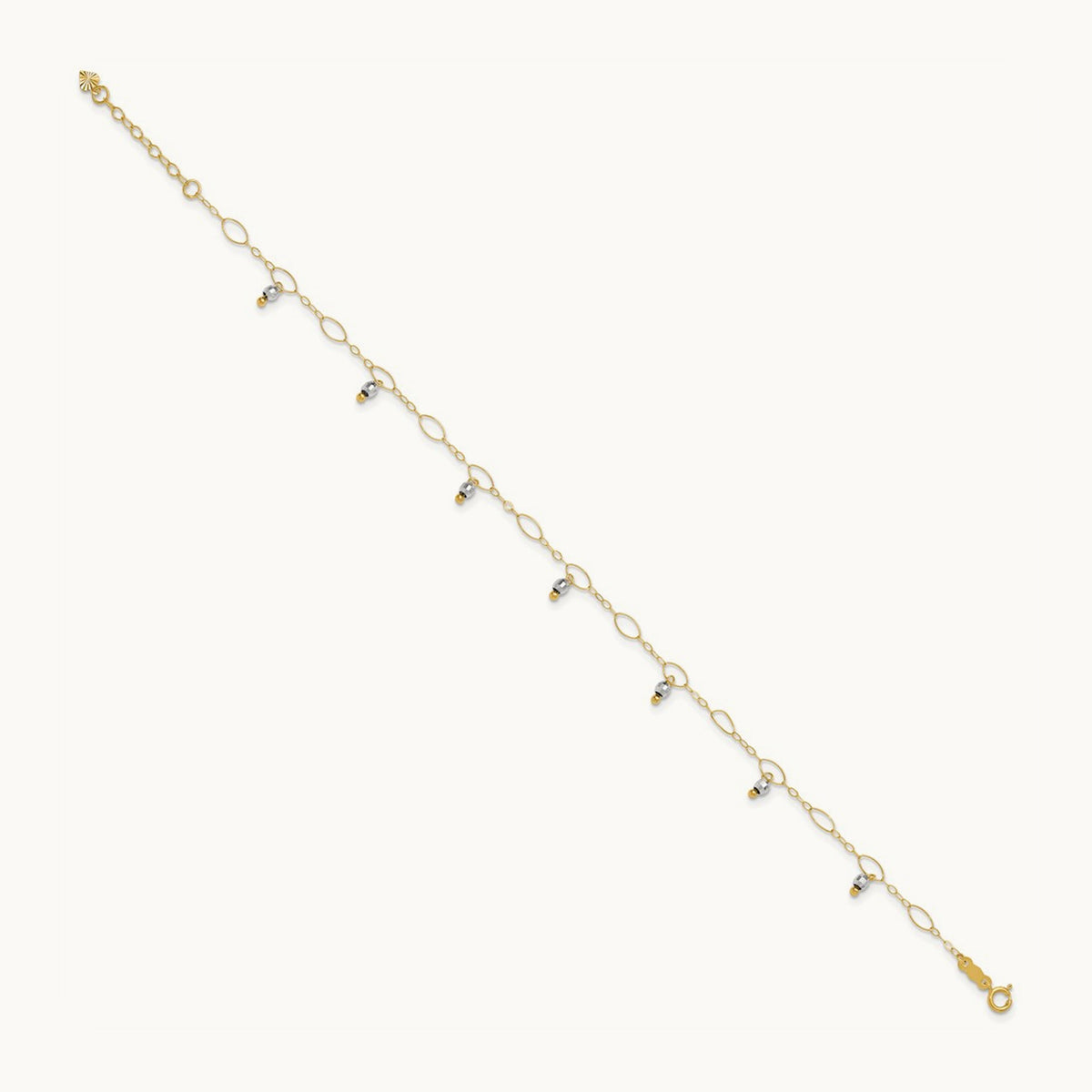 Mirror Beaded 9in Plus 1in ext. Anklet, 14K Two-tone