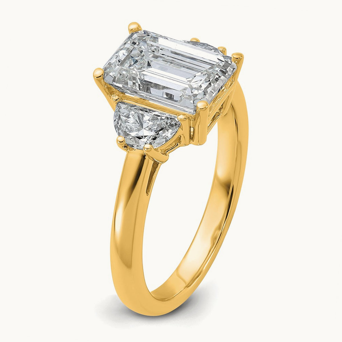 Semi-Mount Emerald & 1/2 Moon 3 Stone Engagement Ring, 0.25-1.00 ct tw Lab-Grown Diamond — 5/8 ct, 14K Yellow Gold