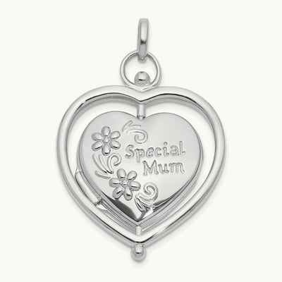 Floral Special Mum Reversible Heart Locket, 14K White Gold