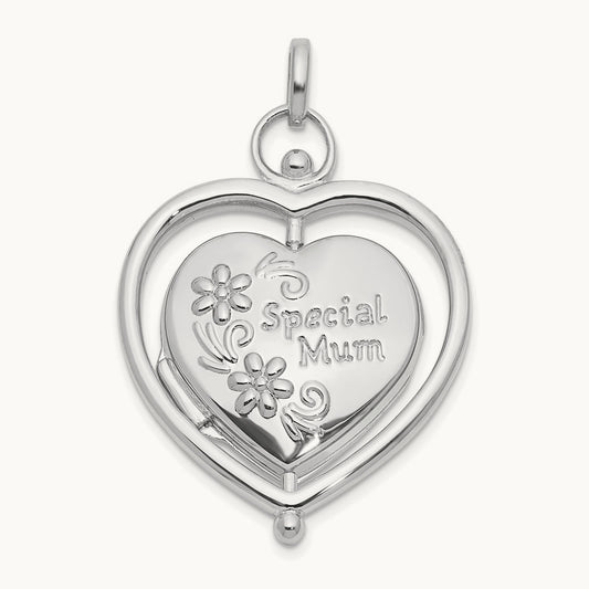 Floral Special Mum Reversible Heart Locket, 14K White Gold