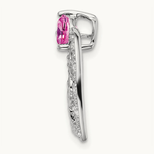 Created Pink Sapphire/Diamond MOM Heart Pendant, 14K White Gold