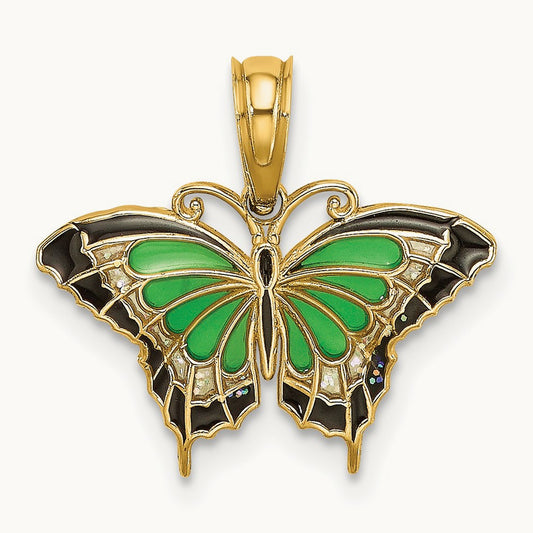 Small Green Enameled Butterfly Charm, 14K