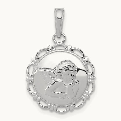 Polished Angel On Round Scallop Frame Pendant — 14K White Gold