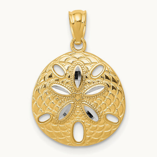 w/Rhodium Diamond-cut Polished Sand Dollar Pendant, 14K