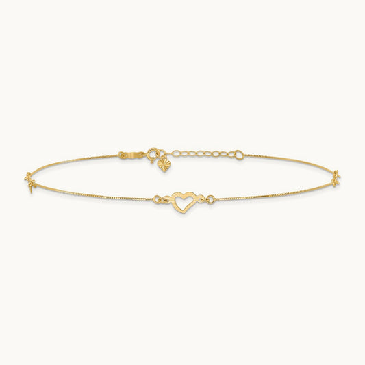 Diamond-cut Heart 10in Plus 1in ext. Anklet, 14K