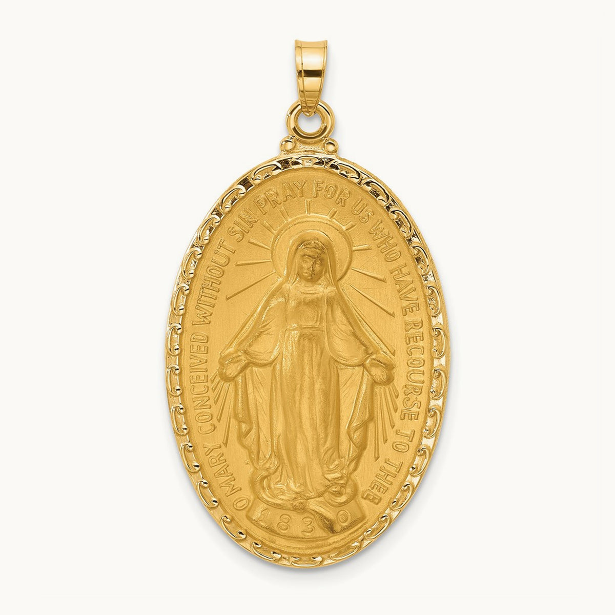 Satin and Polished Miraculous Medal Solid Oval Pendant — 37.7mm