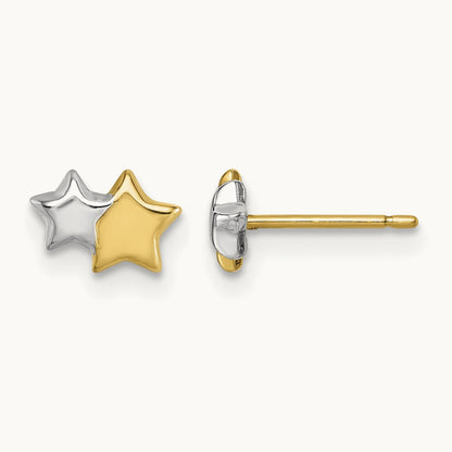 w/Rhodium Polished Double Star Post Earrings, 14K