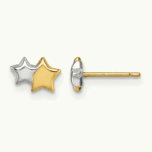 w/Rhodium Polished Double Star Post Earrings, 14K