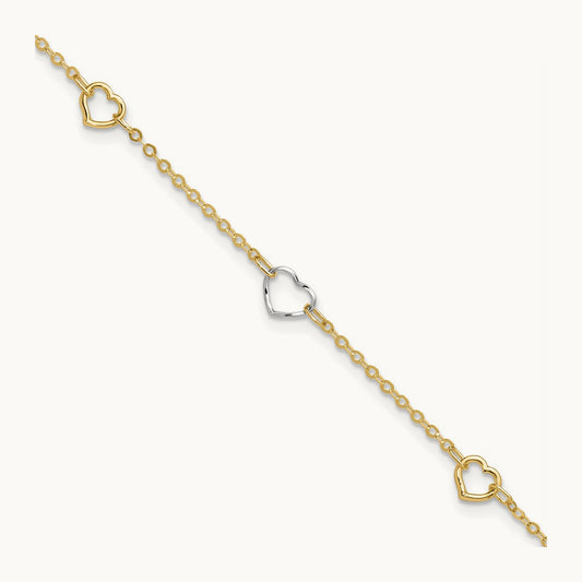 Polished Heart 9in Plus 1in ext Anklet, 14K Two-tone