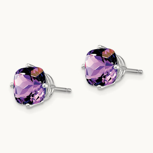 7x7mm Cushion Amethyst Checker Earring, 14K White Gold