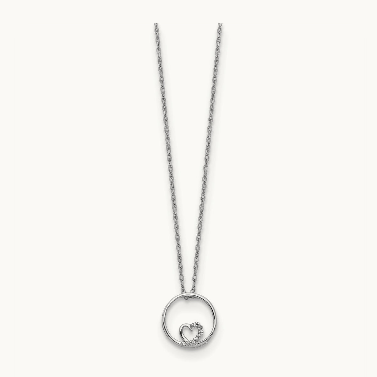 Circle and Heart 18 inch Necklace, 14K White Gold