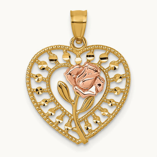 Diamond Cut Polished Rose In Heart Pendant, 14K Two-tone