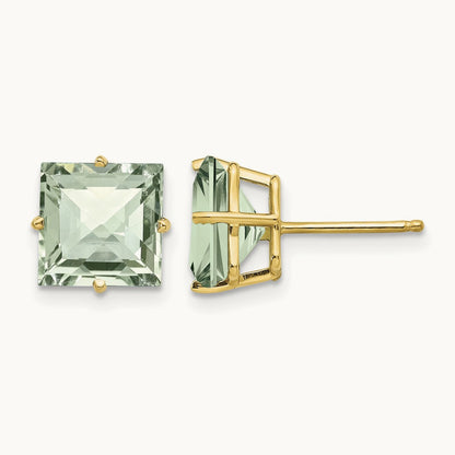 Square Checker-Cut Green Quartz Earrings, 8mm, 14K