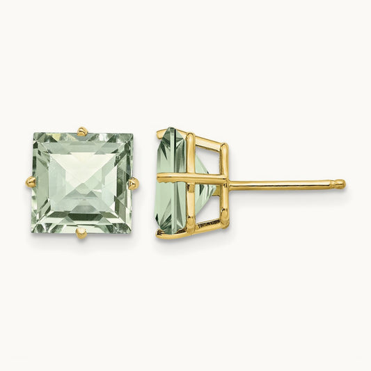 Square Checker-Cut Green Quartz Earrings, 8mm, 14K