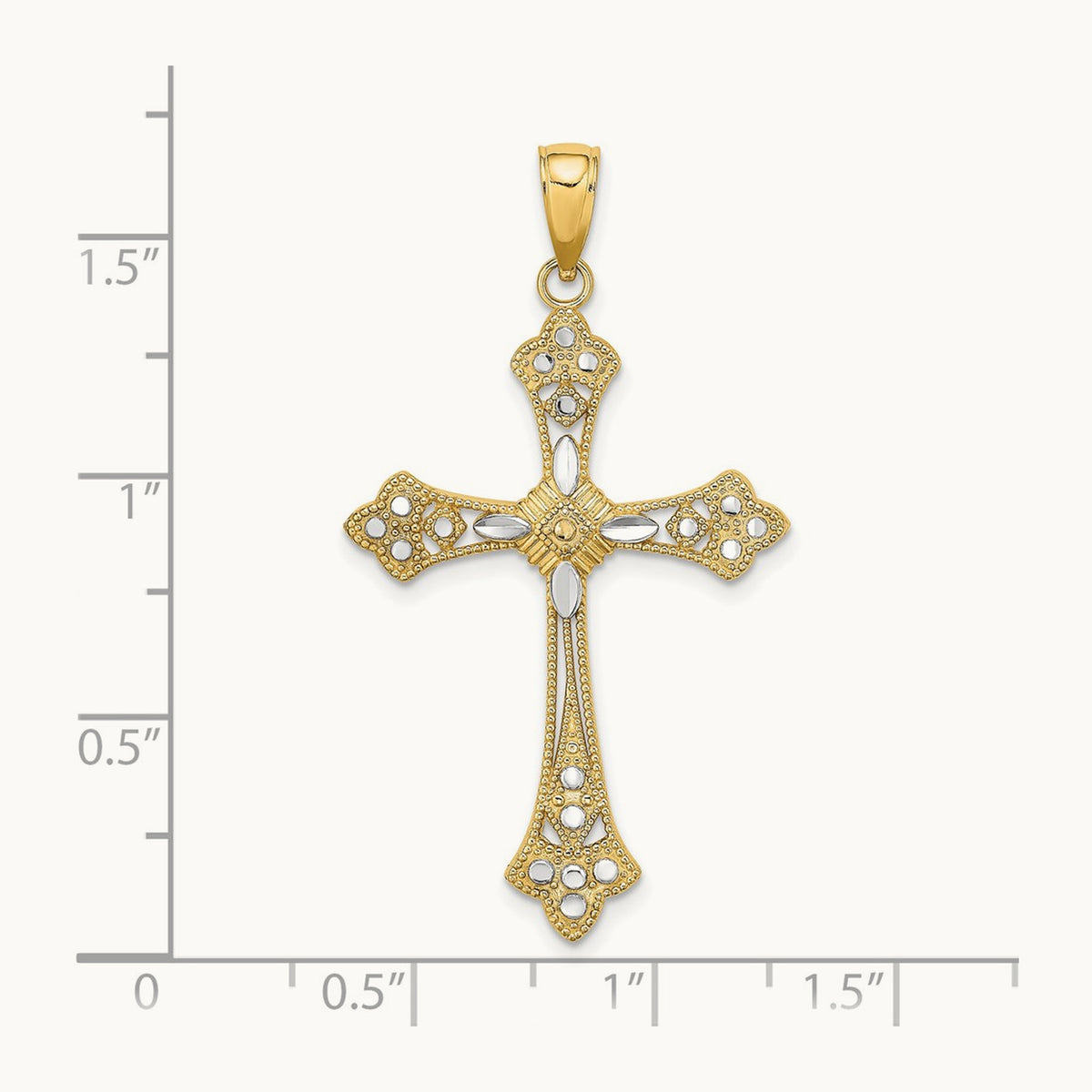 W/ Rhodium D/C Edges Cross Charm, 14K