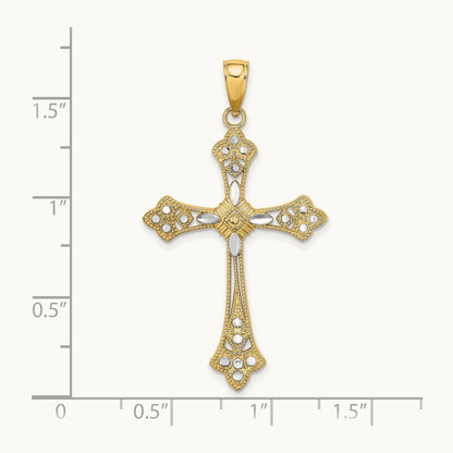 W/ Rhodium D/C Edges Cross Charm, 14K